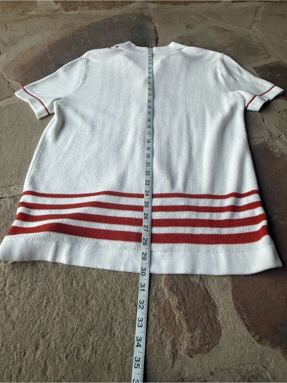 Express Cream Short Sleeve Button-Front Knit with Rust-Orange Stripes - Picture 7 of 8